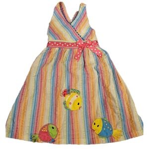 Rare Editions Girls Rainbow Stripe Fish Applique Sundress Size 6 Summer‎